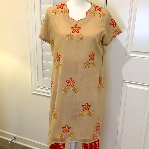 Custom design 3-piece kurta/shalwar/dupatta set w/embroidery & sequins latte Med - Picture 3 of 11